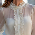 Ruffled Sheer High-Neck Chiffon Blouse