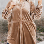 Khaki Casual Button Down Plus Size Velvet Shirt