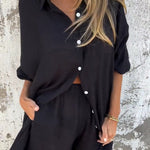 Solid Color Casual Lapel Long Shirt and Elastic Waist Loose Pocket Shorts Set