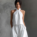 Women's Casual White Cotton And Linen Halter-neck Sleeveless Top And Skirt Set