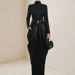 Long Sleeves Buckle Draped High-Neck Evening Dresses Maxi Dresses