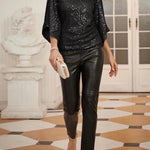 Solid Color Sequined V-neck Hollow Sleeve Slim Fit Top