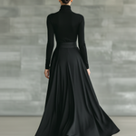Women's Black High-Neck High-Stretch Knitted And Satin Flared Maxi Dress