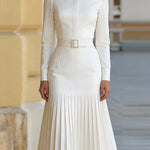 High-Neck Belted Long-Sleeve Pleated Midi Dress