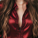 Elegant Burgundy Lace Trim Satin Blouse With Flared Cuffs