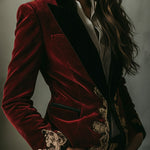 Elegant Black Collar Gold Luxury Embroidered Velvet Blazer