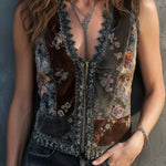 Vintage Boho Zip-Front Velvet Patchwork Floral Lace Vest