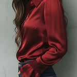 Elegant Burgundy Lace Trim Satin Blouse With Flared Cuffs