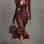 Dusty Mauve Lace-Trim Ruched Midi Dress