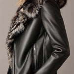 Women's Vintage Fur Collar And Lined Zipper Leather Jacket