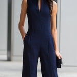 Navy Sleeveless Plunge-Neck Wide-Leg Jumpsuit