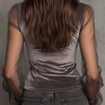 Velvet Mesh Panel High-Neck Top – Graphite Grey