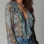 Printed Ruffled Zip-Front Chiffon Blouse – Mist Blue Snake Floral