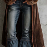 Brown Microfiber Suede Maxi Coat With Metal Buttons And Faux Fur Frim