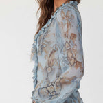 Ruffled Zip-Front Chiffon Blouse In Serene Blue Print