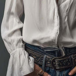 White Zip-Front Blouse With Flounce Cuffs