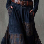 Vintage Patchwork Suede Maxi Dress With Plaid Panels