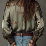 Satin Floral Button-Down Shirt With Leopard Trim