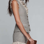 Pinstripe Tailored Vest & Shorts Set With Lace Trim