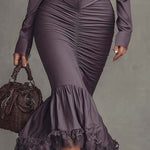Dusty Mauve Lace-Trim Ruched Midi Dress