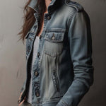 Washed And Faded Utility Denim Jacket With Epaulettes