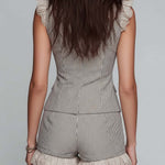 Pinstripe Tailored Vest & Shorts Set With Lace Trim