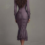 Dusty Mauve Lace-Trim Ruched Midi Dress