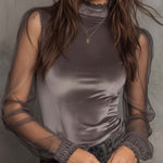 Velvet Mesh Panel High-Neck Top – Graphite Grey