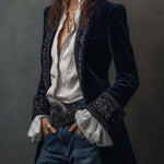 Vintage Navy Polyester Velvet Embroidered Long Jacket