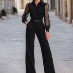 Button-front Sheer-Sleeve Tailored Wide-Leg Jumpsuit