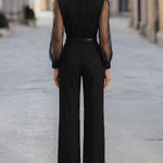 Button-front Sheer-Sleeve Tailored Wide-Leg Jumpsuit