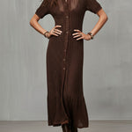 Quiet Luxury Chocolate Brown Crochet Knit Shirt Dress