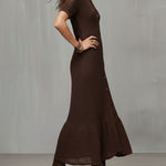 Quiet Luxury Chocolate Brown Crochet Knit Shirt Dress