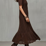 Quiet Luxury Chocolate Brown Crochet Knit Shirt Dress