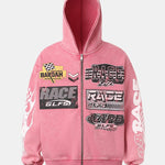 Racing Print Distressed Zipper Hoodie