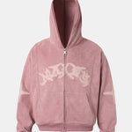 Embroidered Letters Faux Suede Zipper Hoodie