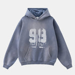 Oversize Number Print Washed Distressed Hoodie