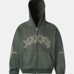Embroidered Letters Faux Suede Zipper Hoodie