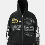 Racing Print Distressed Zipper Hoodie