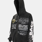 Racing Print Distressed Zipper Hoodie
