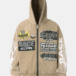 Racing Print Distressed Zipper Hoodie