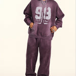 Oversize Number Print Washed Distressed Hoodie