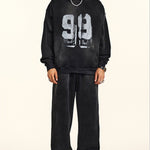 Oversize Number Print Washed Distressed Hoodie