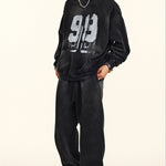 Oversize Number Print Washed Distressed Hoodie