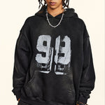 Oversize Number Print Washed Distressed Hoodie