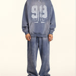 Oversize Number Print Washed Distressed Hoodie