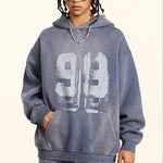 Oversize Number Print Washed Distressed Hoodie