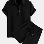 Waffle Polo Collar Shirt With Pocket & Waffle Shorts
