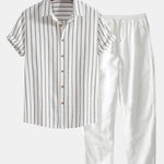 Cotton Blend Striped Button Up Shirt & Straight Leg Linen Pants
