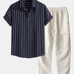 Cotton Blend Striped Button Up Shirt & Straight Leg Linen Pants